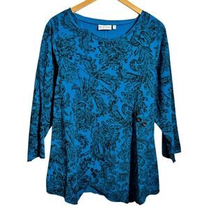 Habitat Top Women L Blue Black Floral Asymmetrical Hem Cotton Lagenlook 3/4 Slee